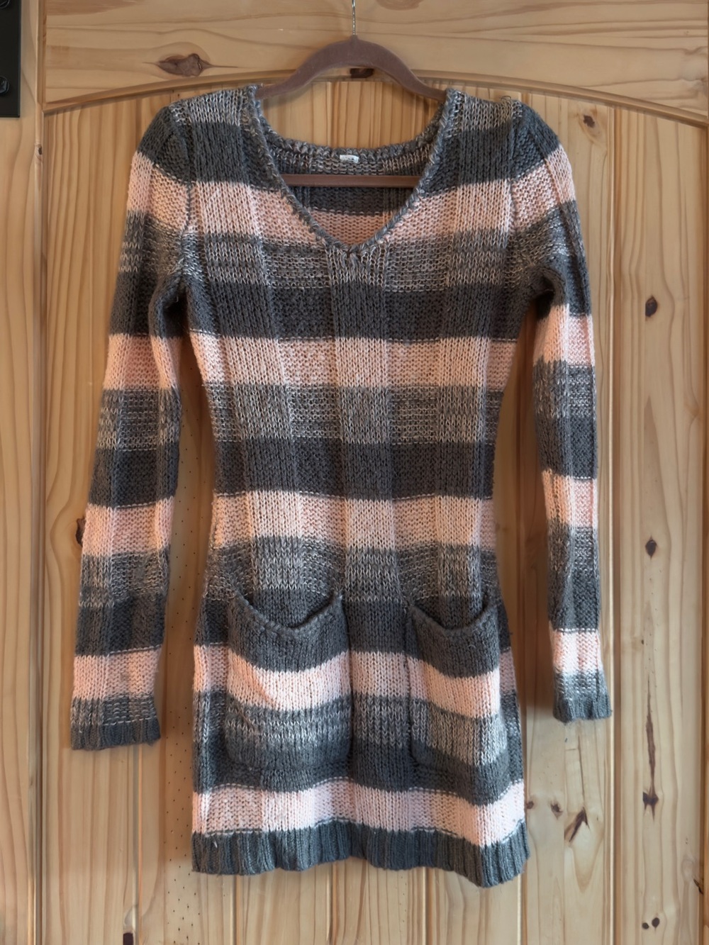 Pink and Gray Striped V-Neck Knit Sweater Tunic/Dress